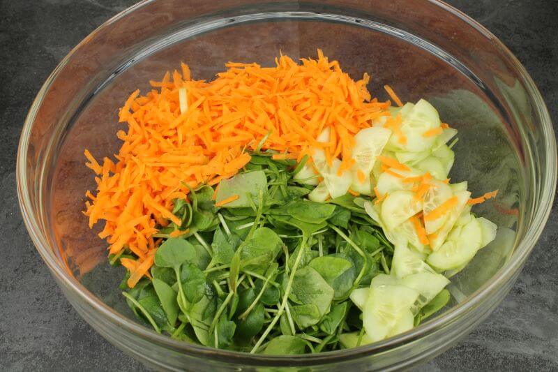 Salat, Möhre und Gurke auf Dressing